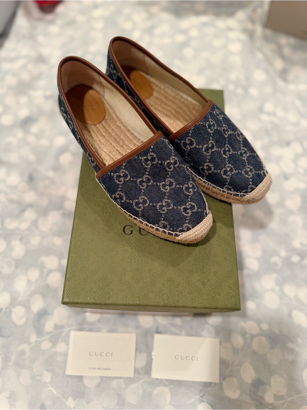 Gucci Navy GG Denim Espadrille Slip-Ons with Brown Trim
